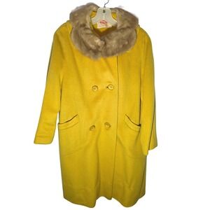 Vintage‎ Kerrybrooke Sears Mustard Yellow Fur Collar Dble Breasted Coat 44 Chest